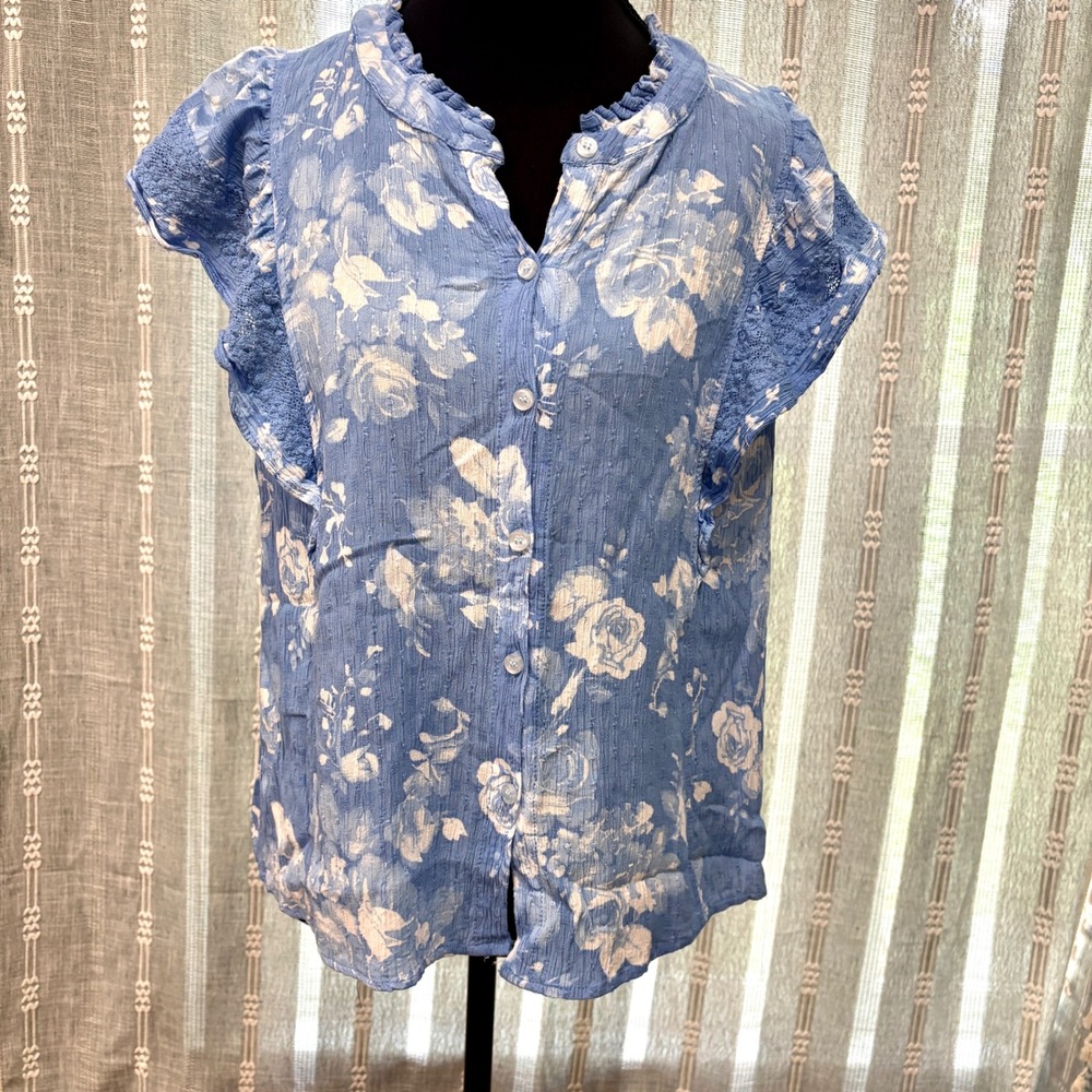 Laura Ashley Blue White Floral Print Ruffle Blouse Cap Sleeves Button‎ Up Large